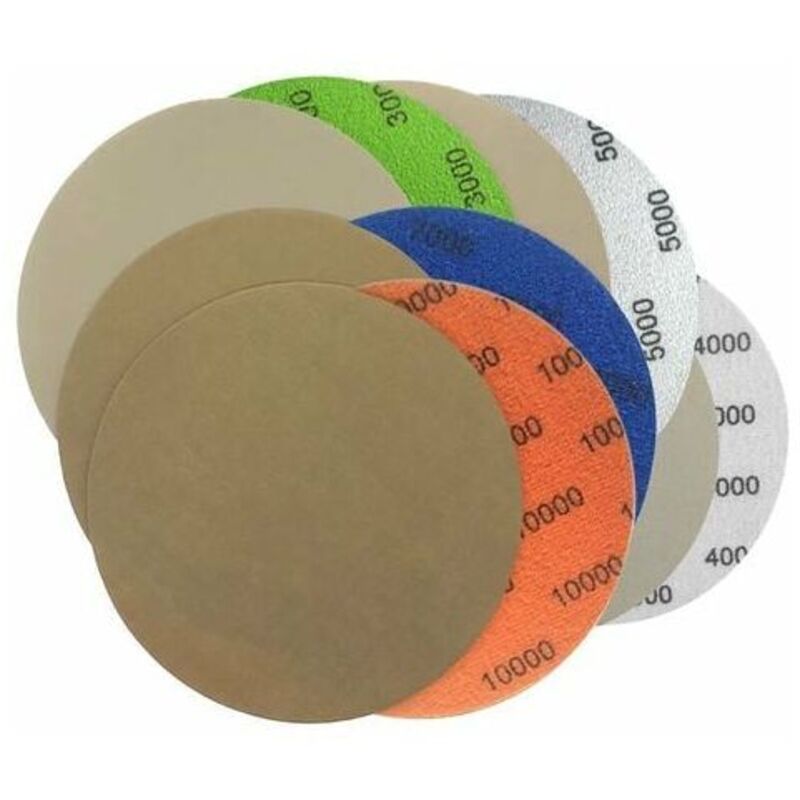 foto del prodotto 50 dischi abrasivi, carta vetrata rotonda, dischi abrasivi con velcro da 125 mm, grana 3000 4000 5000 7000 10000, dischi abrasivi a umido e a secco