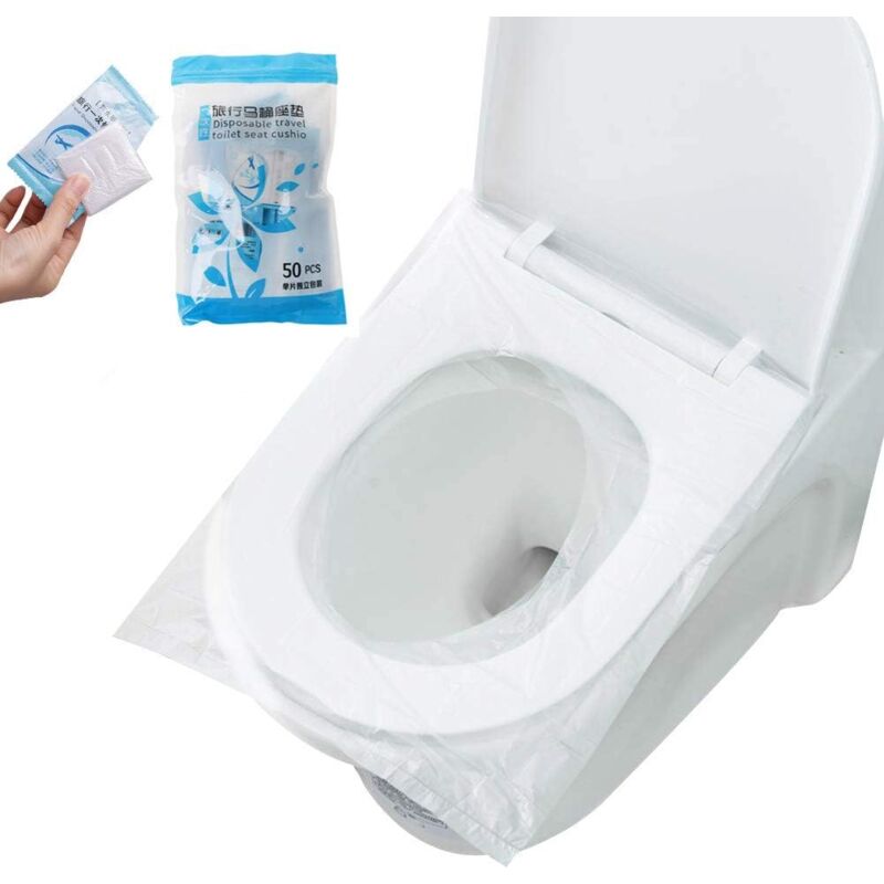 foto del prodotto 50 pezzi copriwater monouso in plastica per wc, impermeabili, portatili, confezionati singolarmente, materiale antibatterico, dimensioni standard per