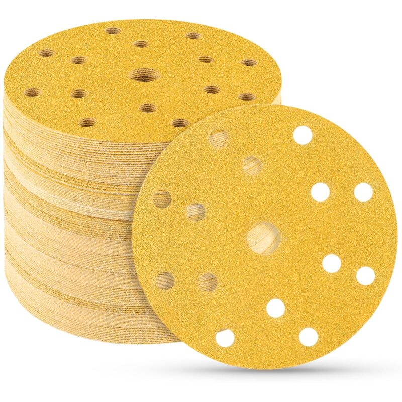 foto del prodotto 50 pezzi dischi abrasivi 150mm carta rotonda p80 grana 15 fori ideale per levigatura lucidatura deruggine eccentrico rotondo