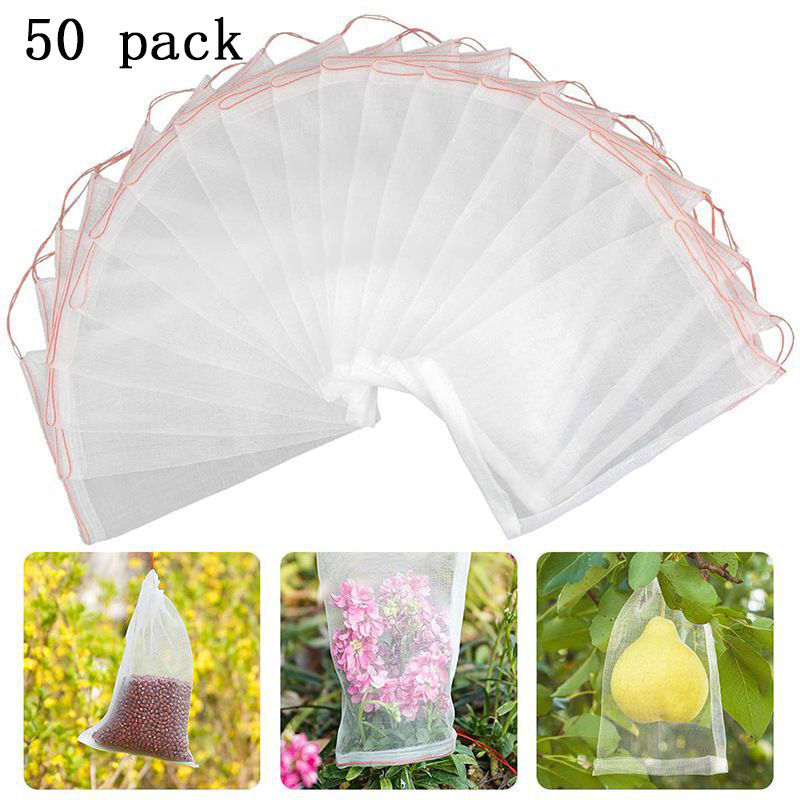 foto del prodotto 50 sacchetti di protezione per frutta, sacchetti da giardino in rete, sacchetti di protezione per vespe in organza con cordoncino per proteggere