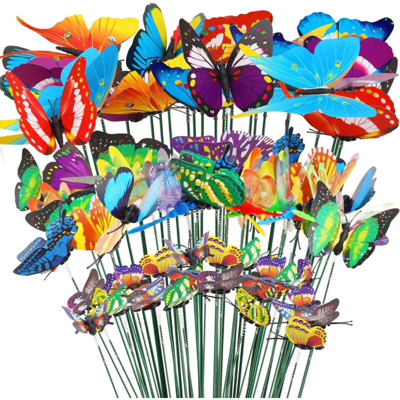 foto del prodotto 50 sculture decorative da giardino a forma di animali, 50 bastoncini da giardino a forma di farfalle, bastoncini colorati per decorazioni da giardino, patio, prato, tavolo, 6 cm - bebusingoto