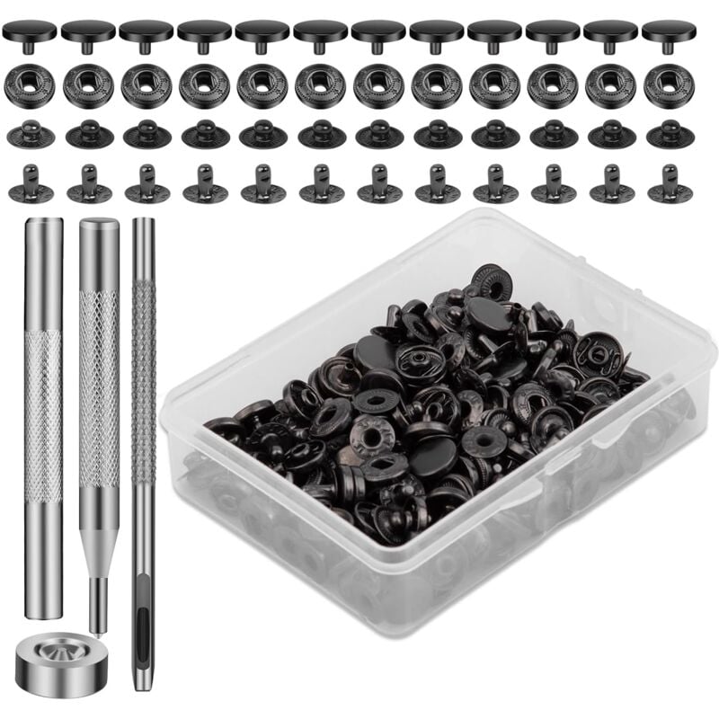 foto del prodotto 50 set di bottoni automatici, kit di bottoni automatici in pelle nera da 10 mm con 4 strumenti di installazione per bottoni automatici per cucire