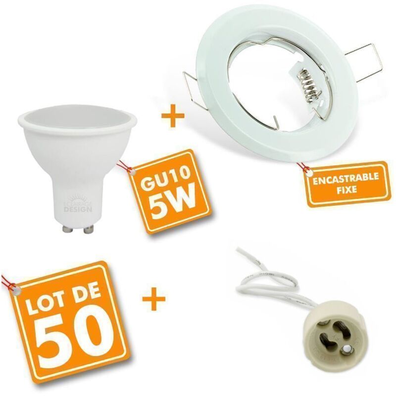 foto del prodotto 50 spot led encastrable complet blanc fixe avec ampoule gu10 5w eq 50w temp rature de couleur bianco caldo 2700k