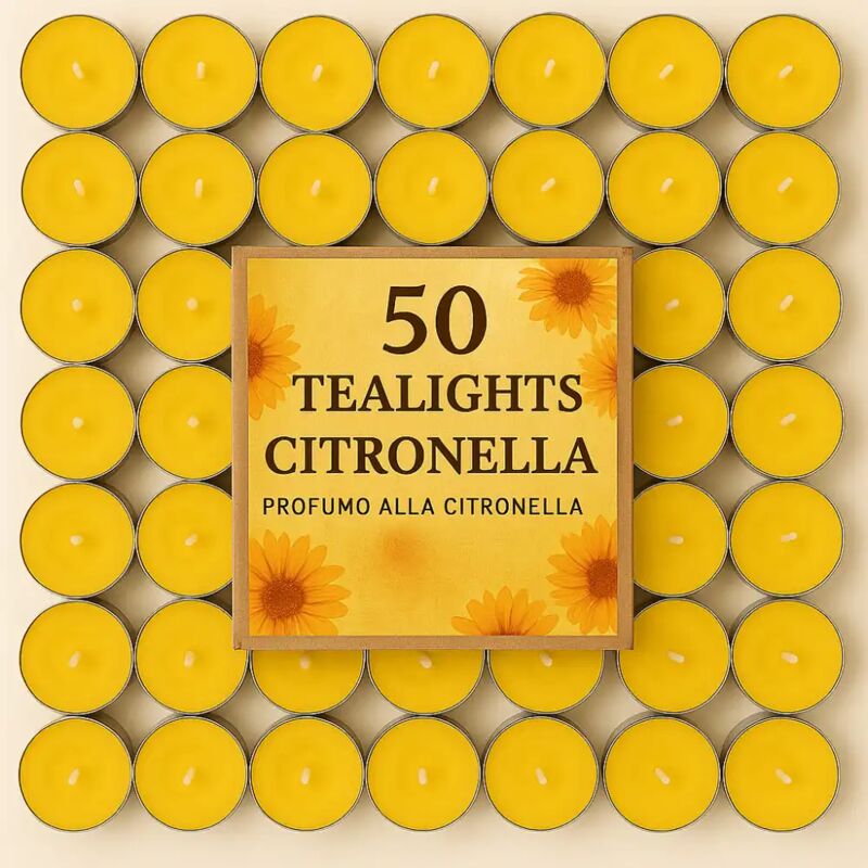 foto del prodotto 50 x candele tealight citronella antizanzare per esterni, giardino, terrazzo