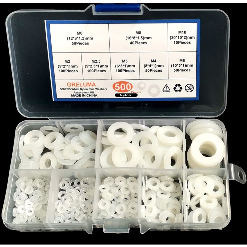 foto del prodotto 500 pezzi m2 m2.5 m3 m4 m5 m6 m8 m10 rondella in plastica rondella in nylon vite piatta bullone kit assortito, bianco