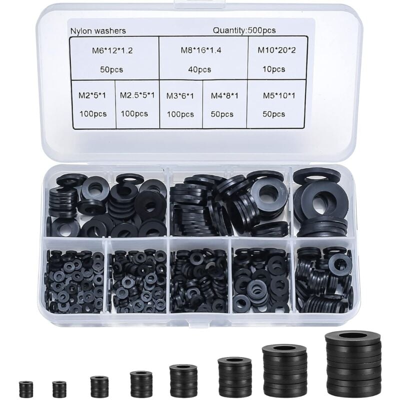 foto del prodotto 500 pezzi rondella piatta in nylon, rondella piatta isolata guarnizione rotonda anello di tenuta tubo assortimento kit m2 m2.5 m3 m4 m5 m6 m8 m10