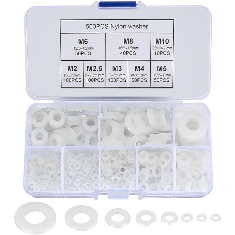 foto del prodotto 500 pezzi rondella piatta in nylon, rondella piatta isolata guarnizione rotonda anello di tenuta tubo assortimento kit m2 m2.5 m3 m4 m5 m6 m8 m10