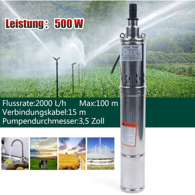 foto del prodotto 500 w pompa per fontana profonda, pompa sommergibile, pompa a vite, compatibile con la sabbia, in acciaio inox, velocit di flusso 2000 l h, altezza