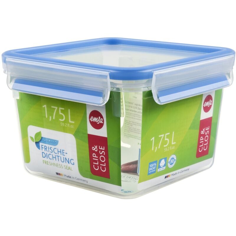 foto del prodotto 508537 food square contenitore con coperchio, 1,75 litri, trasparente blu, clip chiudi emsa