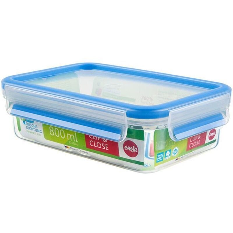 foto del prodotto 508539 rettangolare contenitore di alimento con coperchio, 0,8 litri, trasparente blu, clip chiudi - emsa