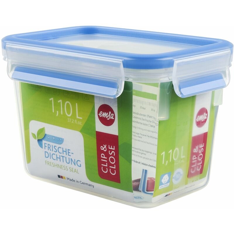 foto del prodotto 508541 contenitore per alimenti rettangolare con coperchio, 1,1 litri, trasparente blu, clip chiudi emsa