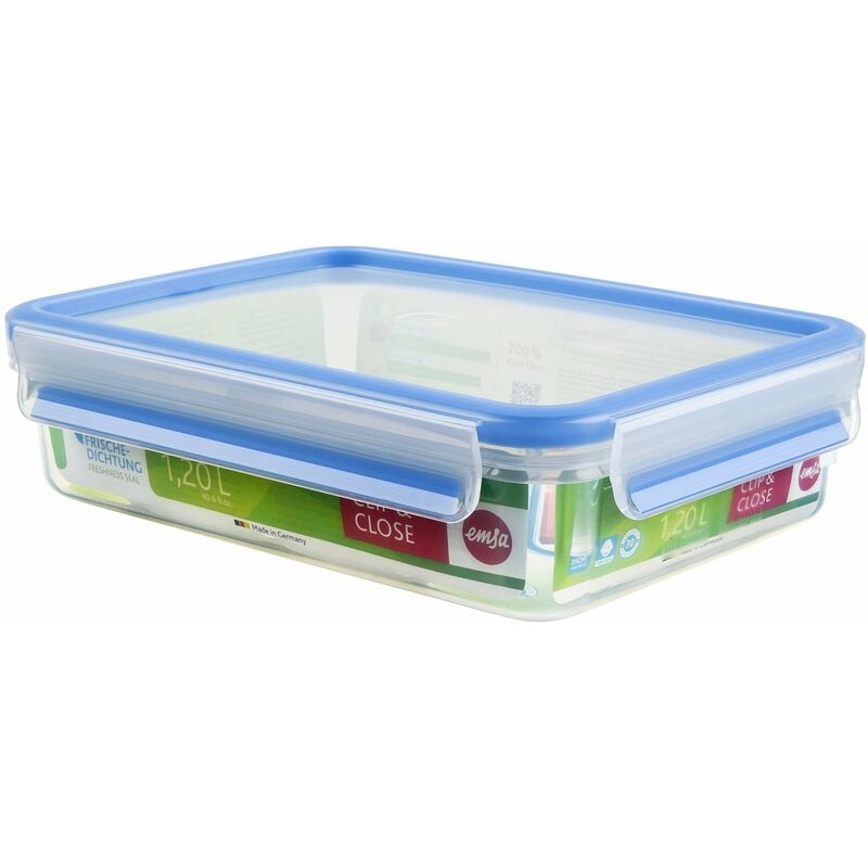 foto del prodotto 508542 contenitore per alimenti rettangolare con coperchio, 1,2 litri, trasparente blu, clip chiudi emsa