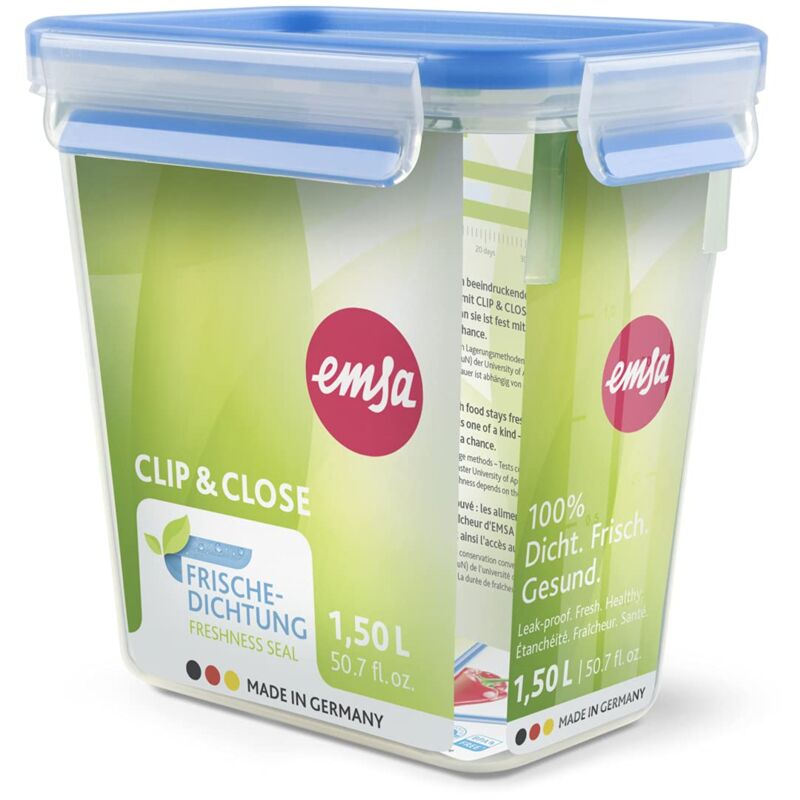 foto del prodotto 508543 rettangolare contenitore di alimento con coperchio, 1,6 litri, trasparente blu, clip chiudi emsa
