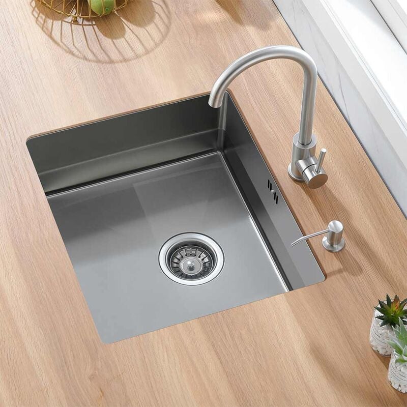 foto del prodotto 50x43cm lavello da cucina 1 vasca con 300ml erogatore di sapone e sifone lavello vesca singola acciaio inox spazzolato