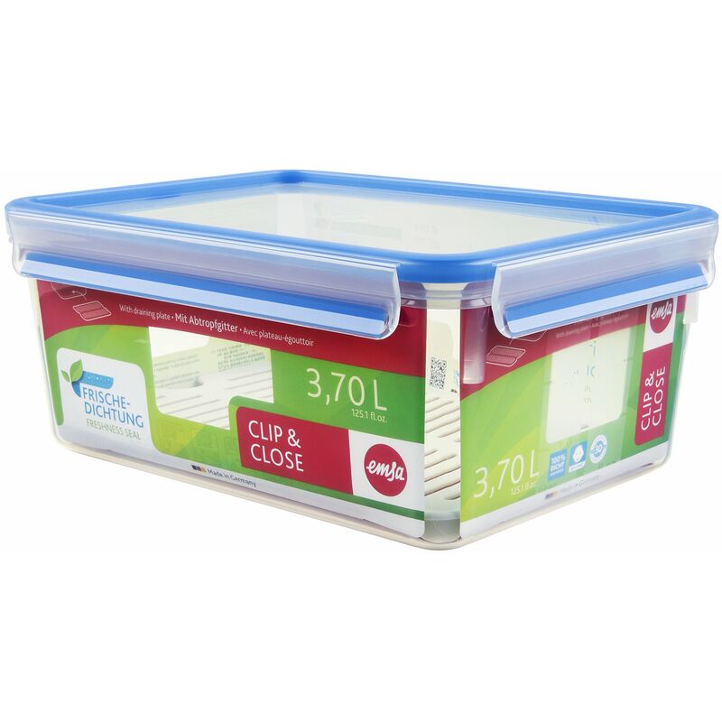 foto del prodotto 512888 contenitore per alimenti con vassoio antigoccia, volume 3,7 litri, dimensioni 26,3 x 19,5 x 11 cm, trasparente blu, clip chiudi emsa