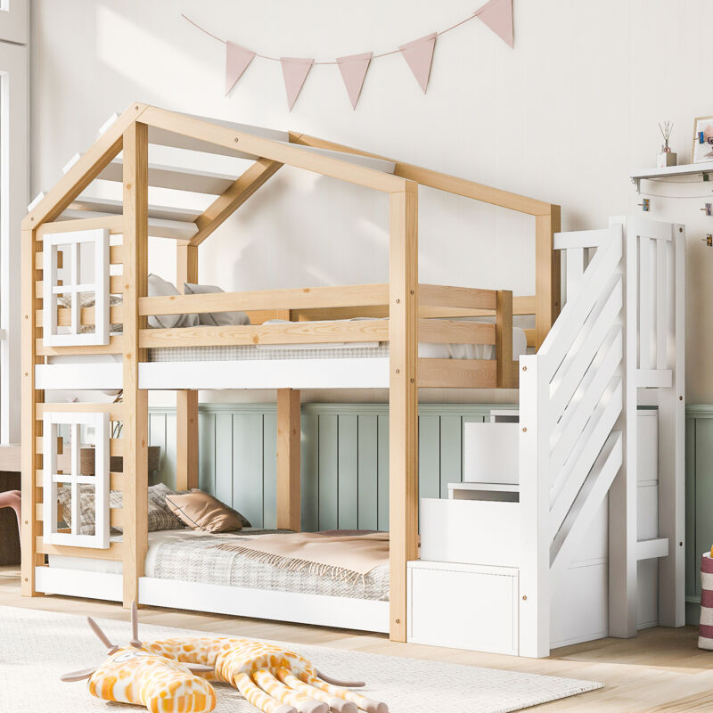 foto del prodotto 517567aaw letto per bambini treehouse 90 x 200 cm, letto a castello per bambini con design a finestra con contenitore e protezione anticaduta,