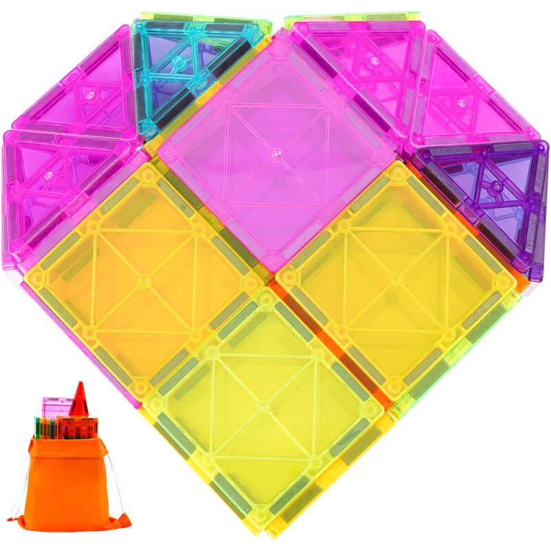 foto del prodotto 55 pcs piastrelle magnetiche, set di blocchi da costruzione magnetici con base per auto e 16 carte digitali, giocattoli educativi stem impilabili per