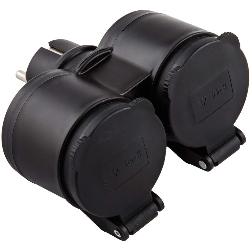 foto del prodotto 55074 adattatore da esterno 2 prese schuko, resistente all acqua ip44, spina tedesca, multipresa 2 posti schuko con tappo, nero electraline