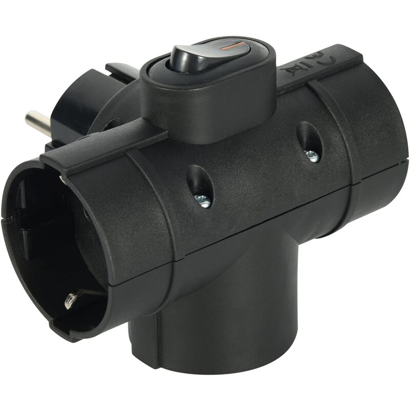 foto del prodotto 55091 adattatore triplo 3 prese laterali, spina tedesca, multipresa 3 posti schuko, con interruttore on off nero electraline