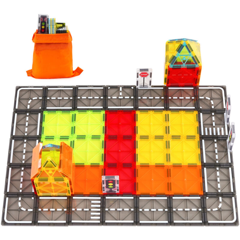 foto del prodotto 56 pezzi set di blocchi magnetici per la costruzione di strade, giocattoli da costruzione magnetici con borsa portaoggetti, giocattoli educativi stem