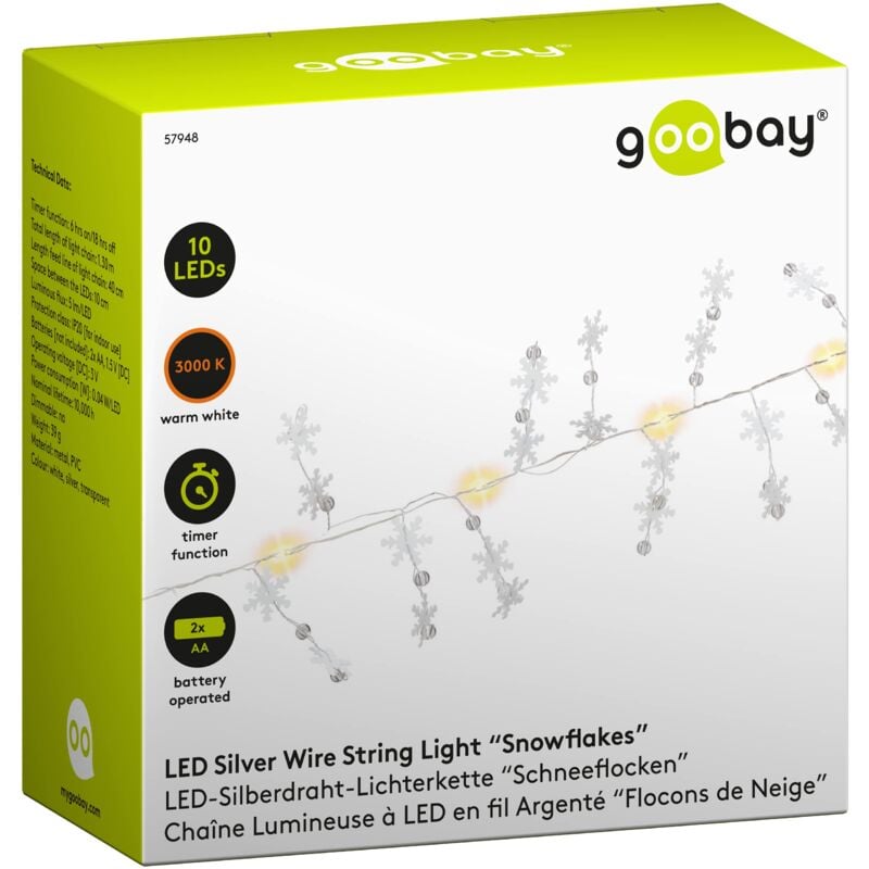 foto del prodotto 57948 catena luminosa a led con funzione timer, funzione batteria, fiocchi di neve, per interni, con 10 led, 3000 k, ip20, colore argento,