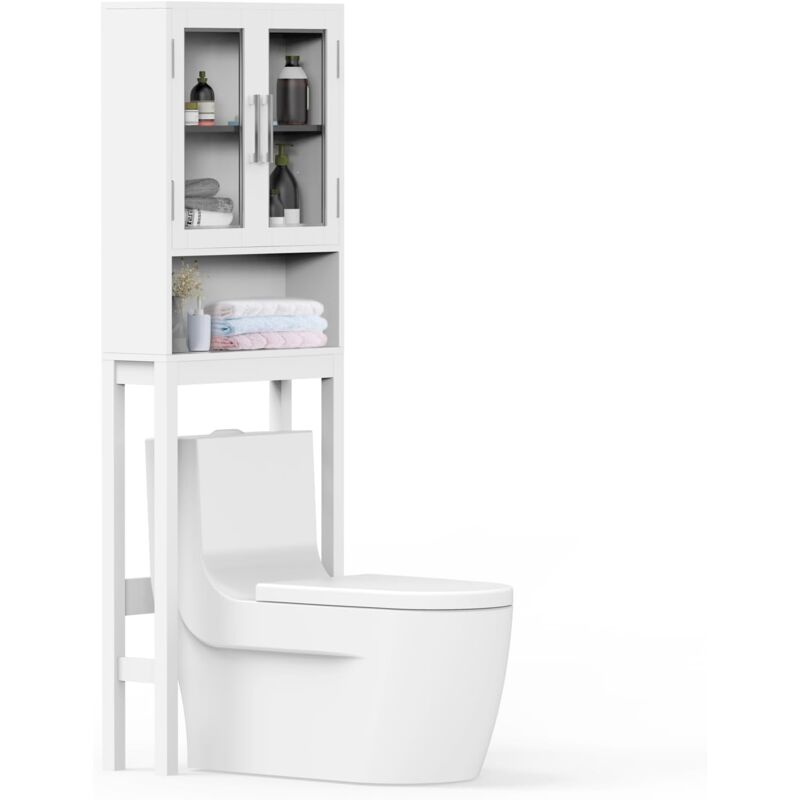 foto del prodotto 57x18,5x163cm sopra il gabinetto di stoccaggio della toilette, gabinetto del bagno dello scaffale aperto con doppie porte di vetro, scaffale interno