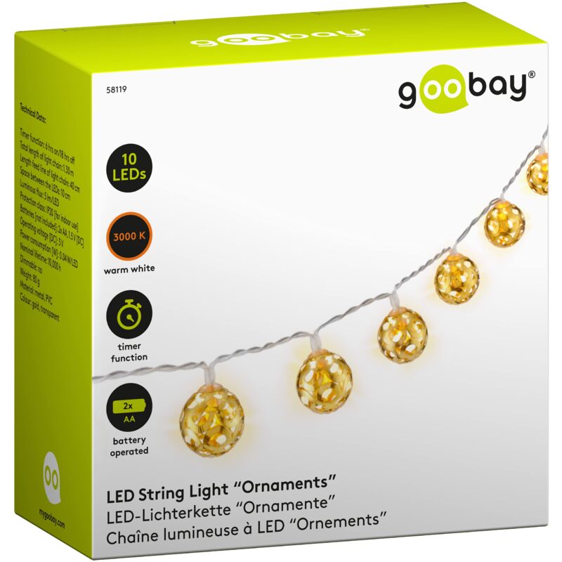foto del prodotto 58119 catena luminosa a led con funzione timer funzione batteria sfere marrocane da appendere catena luminosa per interni con 10 led bianco