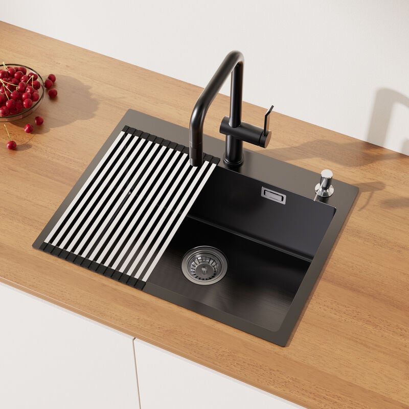 foto del prodotto 58x45cm lavello da cucina in acciaio inox grigio scuro, lavandino cucina 1 vasca con dispenser sapone 300ml, cestello scolapasta pieghevole, sifone e