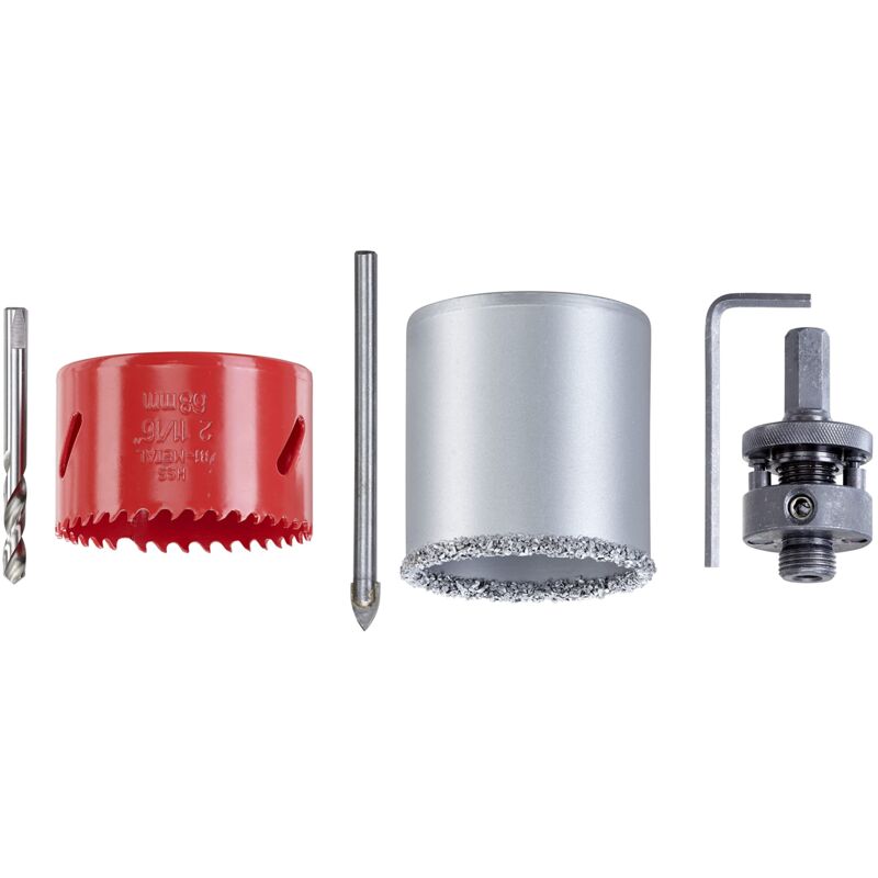 foto del prodotto 599290 seghe a tazza 68-mm, set 6 pezzi, attrezzatura di base per elettricisti incl. punta per piastrelle punta universale punta per metallo - kwb