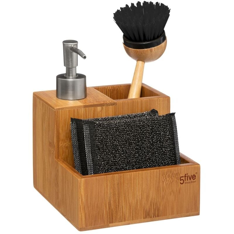 foto del prodotto 5five simply smart dispenser di sapone liquido con spugne e spazzola per stoviglie in bambu