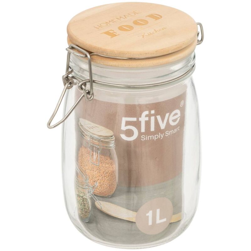foto del prodotto 5five simply smart - vaso di vetro wording con coperchio di pino 1l - 5five