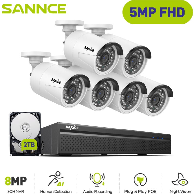 foto del prodotto 5mp kit di videosorveglianza esterno 6 telecamere ip sistema di telecamere di sicurezza smart ir poe visione notturna 2tb sannce