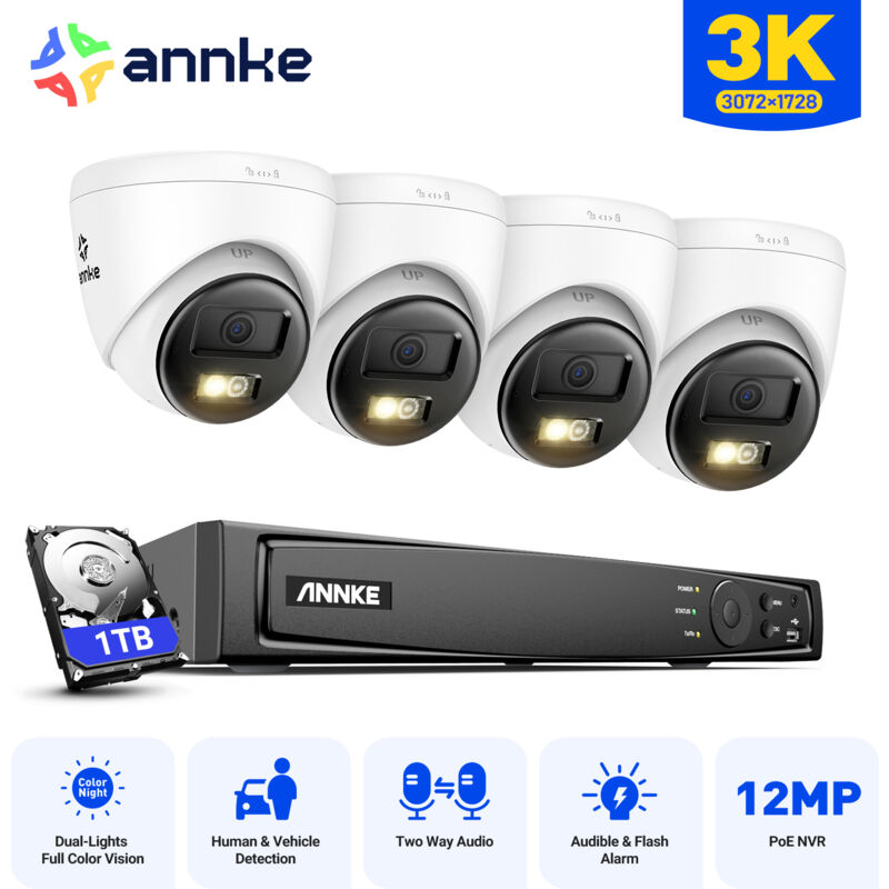 foto del prodotto 5mp kit di videosorveglianza esterno 8ch nvr 4 telecamere visione notturna intelligente doppia luce,audio bidirezionale, app pc sistema di sicurezza