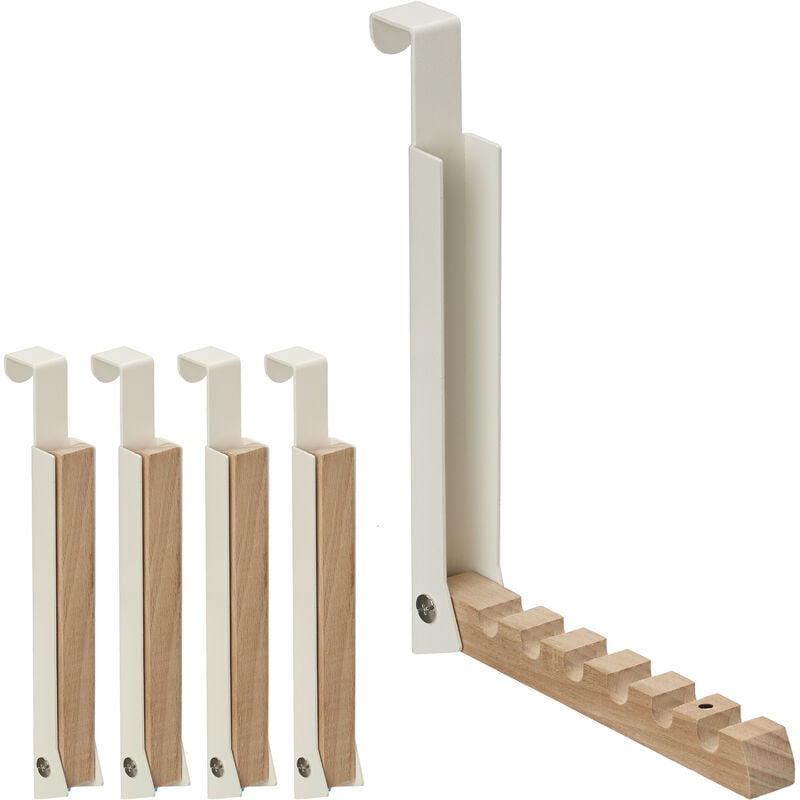 foto del prodotto 5x appendiabiti pieghevole da porta, 6 ganci per grucce, appendino per porte spesse 2 cm, ferro e legno, crema