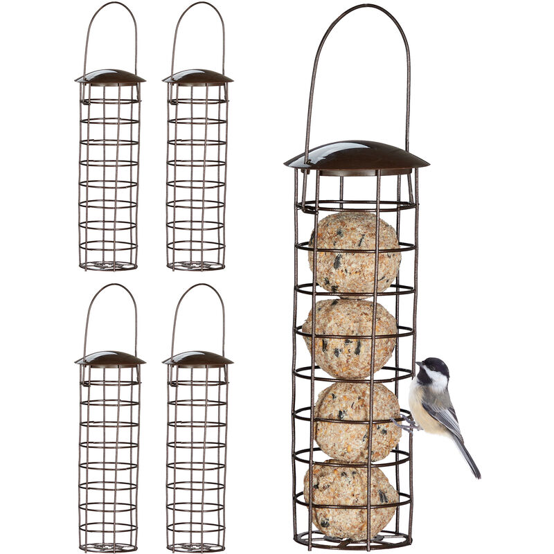 foto del prodotto 5x mangiatoia per uccelli selvatici, da appendere, dispenser per mangime, coperchio, h x d 31 x 8,5 cm, marrone