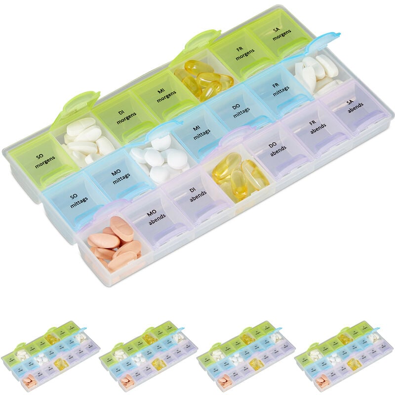 foto del prodotto 5x portapillole 7 giorni, 3 scomparti, mattino, pomeriggio e sera, contenitore farmaci settimanale, trasparente