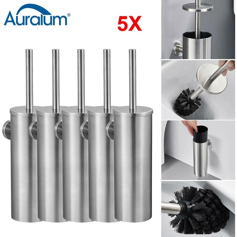 foto del prodotto 5x scopino wc bagno in acciaio inox auralum spazzola wc bagno con coperchio, resistente agli schizzi, scopettino bagno montaggio a parete