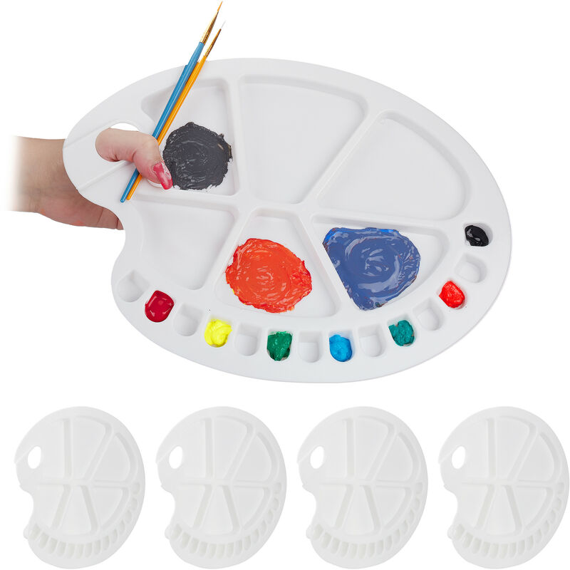foto del prodotto 5x tavolozza dei colori, con foro per il pollice, per studenti e pittori, con 20 vaschette, in plastica, bianca