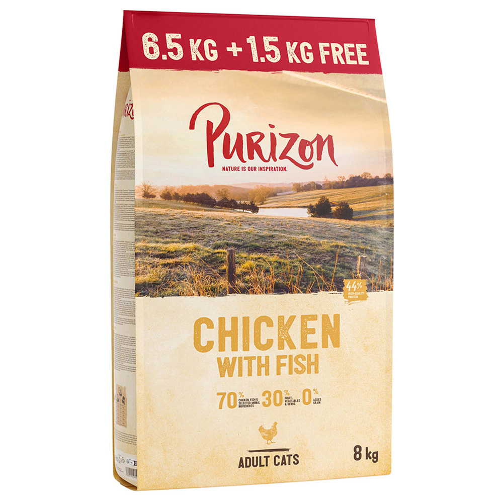 foto del prodotto 6,5 kg 1,5 kg gratis 8 kg purizon overfill crocchette per gatti adult pollo pesce