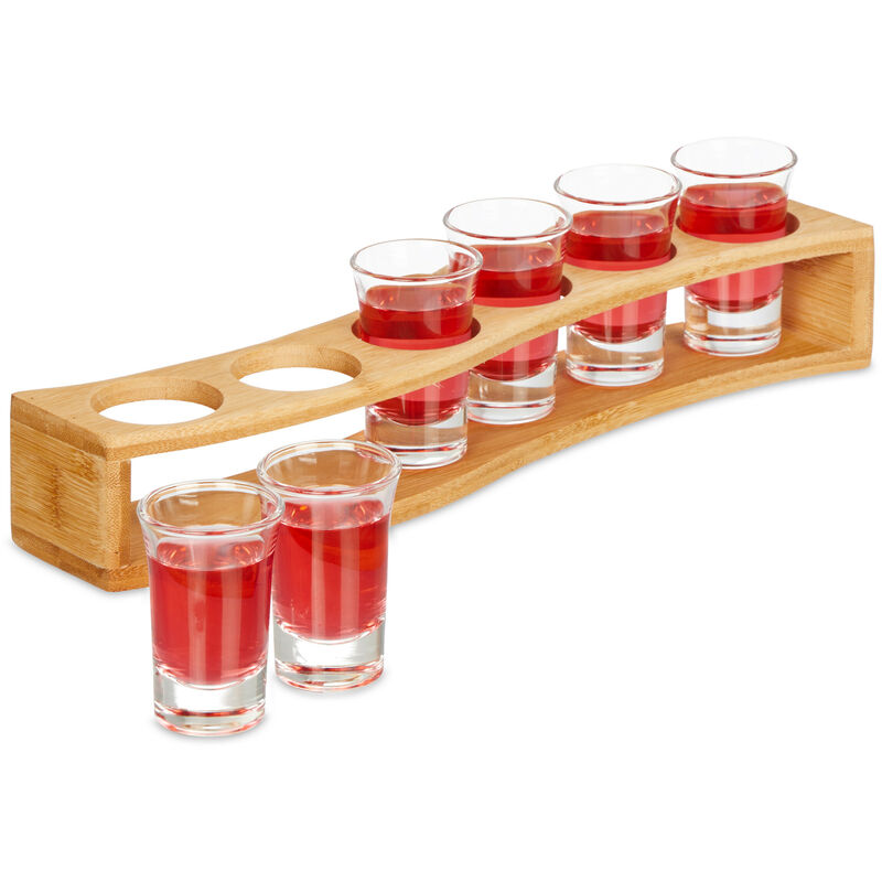 foto del prodotto 6 bicchieri da shot con supporto, bicchierini in vetro 4 cl, vassoio in bamb , idea regalo, marrone chiaro relaxdays