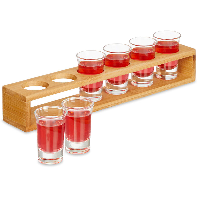 immagine 0 del prodotto 6 bicchieri da shot con supporto, bicchierini in vetro 4 cl, vassoio in bamb , idea regalo, marrone chiaro relaxdays