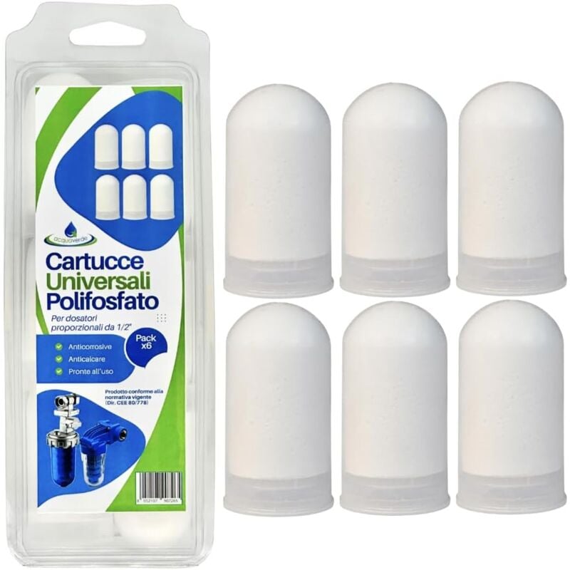 foto del prodotto 6 cartucce universali di polifosfato acquaverde ricariche per dosatori proporzionali della caldaia, anticalcare, anticorrosive, trattamento acque
