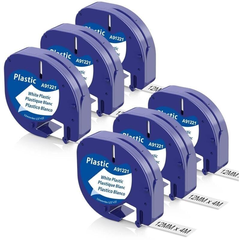 foto del prodotto 6 nastri dymo compatibili da 12 mm x 4 m per etichettatrice dymo letratag xr lt 100h lt 100t letratag 200b, nastro di plastica nero su bianco