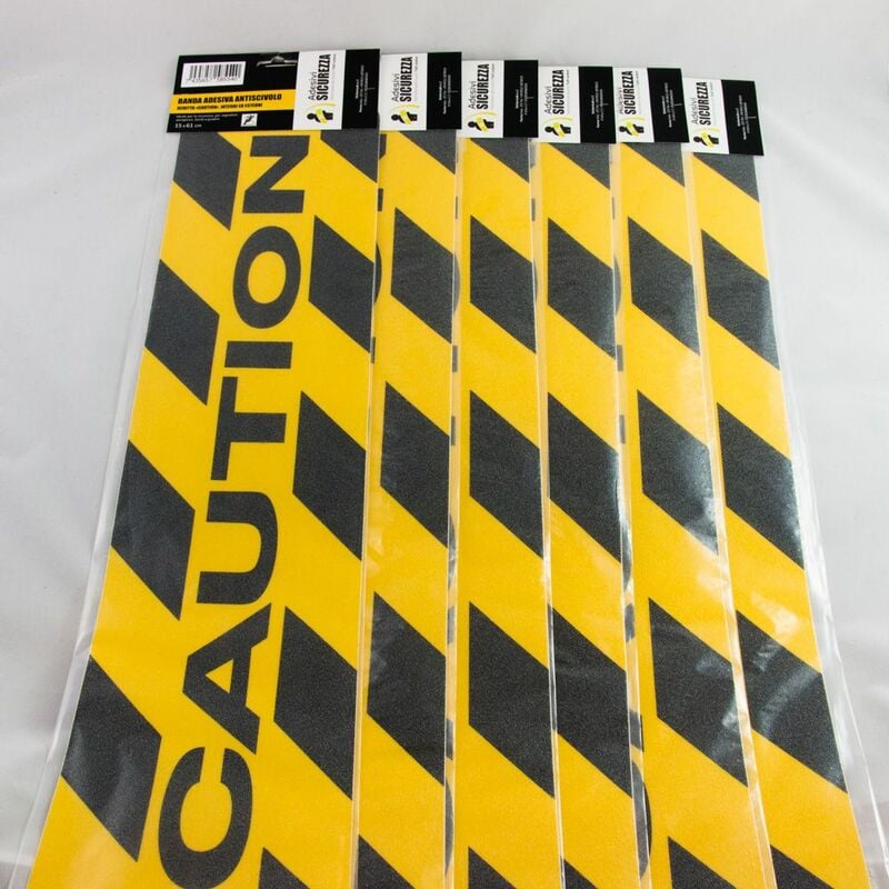 foto del prodotto 6 pack banda antiscivolo adesiva con scritta caution giallo nera