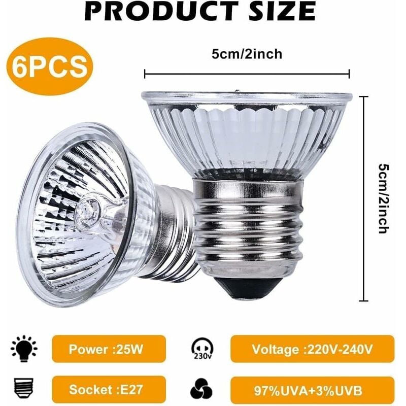 foto del prodotto 6-pack turtle heat lamps, e27 25w dimmerabile 220v uva uvb lampada riscaldante per terrario per rettili, lucertole, tartarughe, serpenti - alovez
