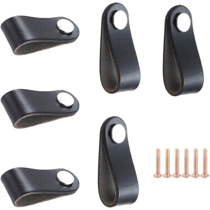 foto del prodotto 6 pezzi maniglie in pelle per mobili, pomelli per armadio in pelle, maniglia di cuoio per porta armadio cassetto maniglie delle porte nero