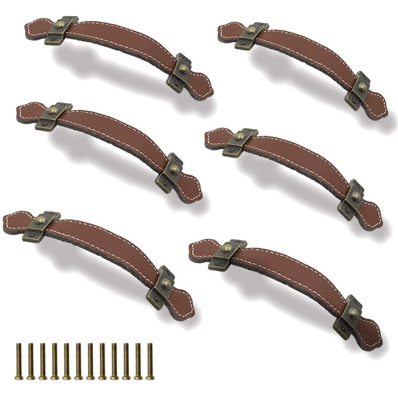 foto del prodotto 6 pezzi manopole per cassetti in pelle vintage 128mm maniglie per mobili armadio valigie con viti marrone