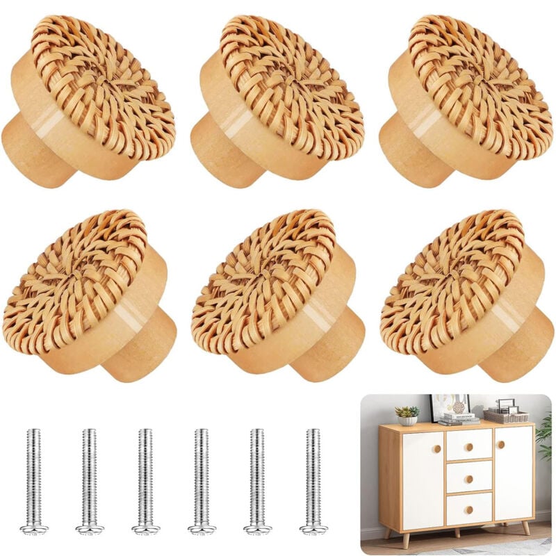 foto del prodotto 6 pezzi pomelli in rattan pomelli per mobili, legno rattan manopole rotonde, pomello per armadio da cucina per armadio, porta, cassetto