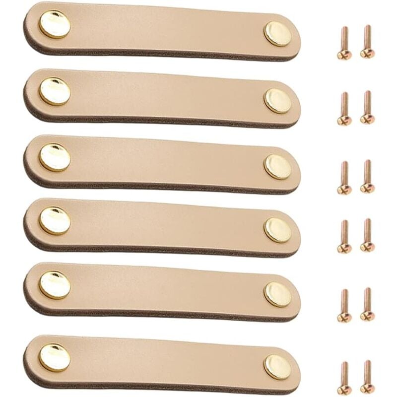 foto del prodotto 6 pezzi pomelli per mobili in pelle, distanza fori 196mm maniglie in pelle per armadio, beige maniglia per cassetti con viti per porte cucina cassetto