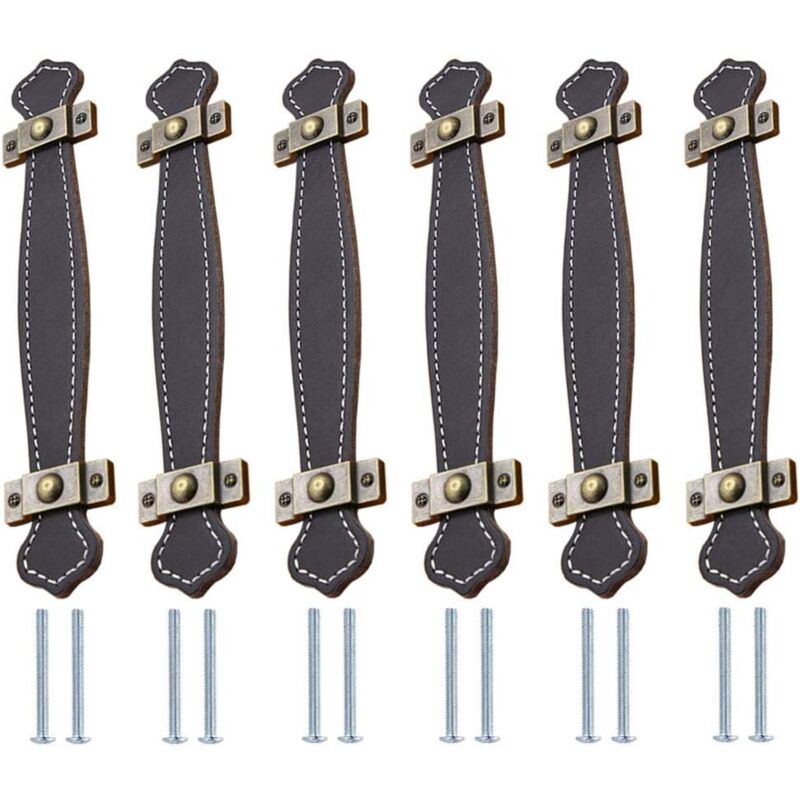 foto del prodotto 6 pezzi pomelli per mobili in pelle, retr maniglie della porta distanza fori 128 mm, nero maniglia con viti per armadi cucina camera da letto